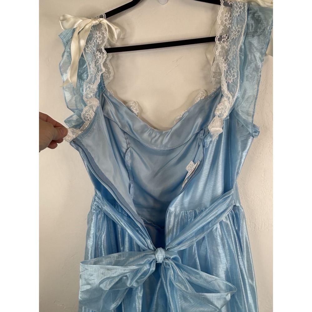 Vintage 70s Formal Blue Satin Gown Lace Trim Bows Princess Theatrical Costume - Picture 13 of 14